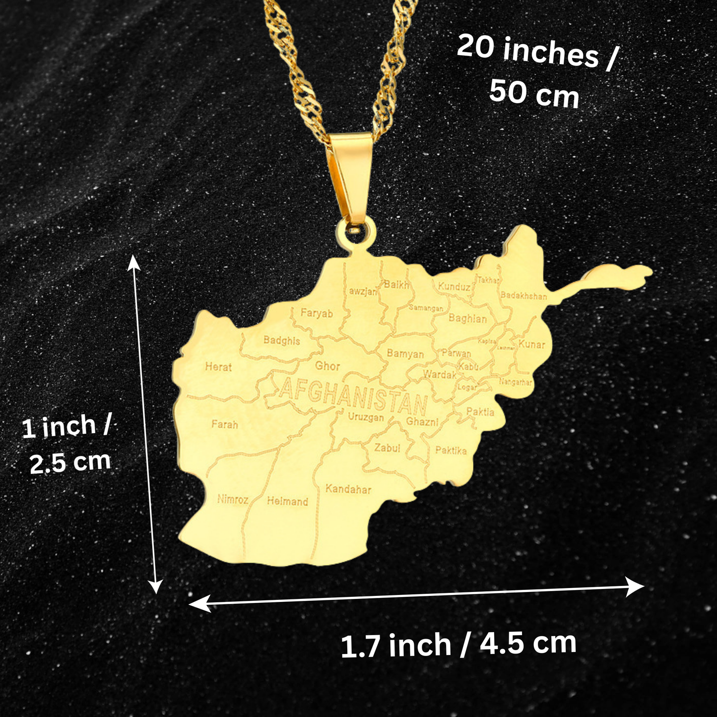 Afghanistan Map Necklace With City Names